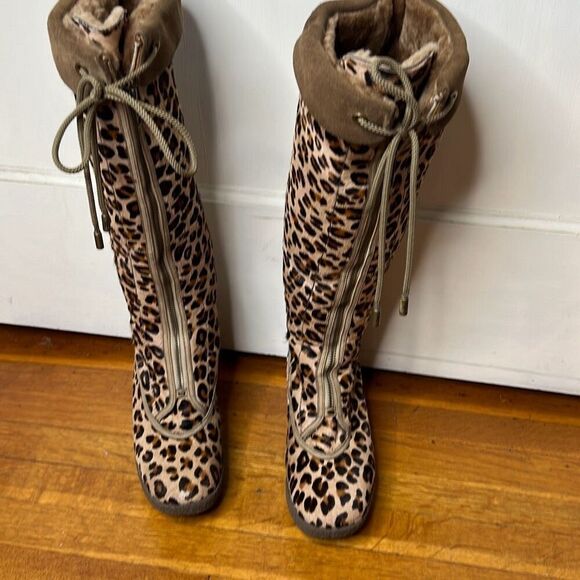 Cole Haan Cheetah Hair Fur Lined Knee High Wedge Boots Suede Size 6 - Picture 2 of 10